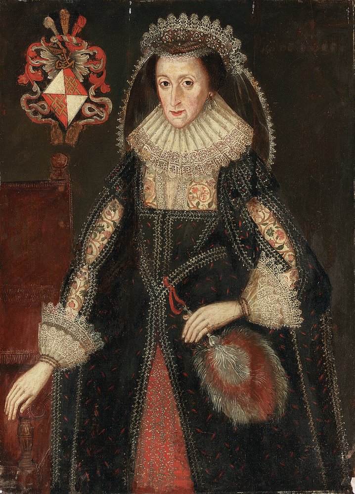 Portrait of Lady Eleanor Dutton, Three-Quarter Length, in Elegant Dress, Standing Beside a Chair Inscribed with Coat-of-Arms of the Dutton Family of Cheshire and Gloucestershire by Marcus the Younger Gheeraerts