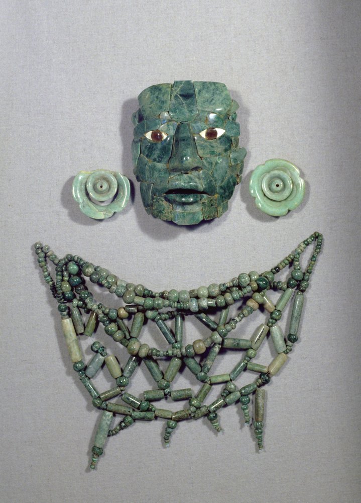 Calakmul funerary mask with collar and earrings, Yucatán Peninsula, Mexico, Late Classic Period (600-900 AD) by Mayan