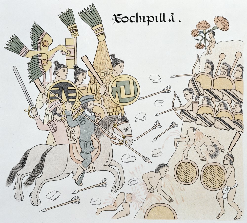 Battle of Xochipilla between the Spanish and the Aztecs, Illustration ...