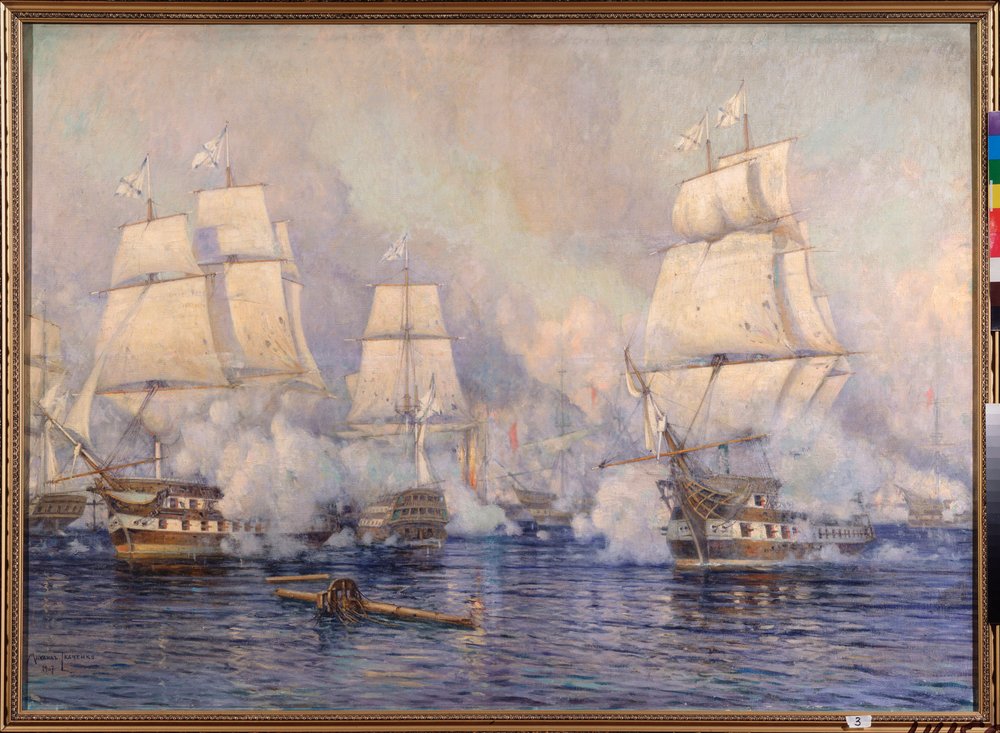 The Naval Battle of Navarino, October 20, 1827 between the Ottoman fleet and a Franco-Anglo-Russian fleet (Episode of the Russo-Turkish War of 1828-1829 and the Greek War of Independence or Greek Revolution of 1821-1830) by Mikhail Stepanovich Tkatchenko