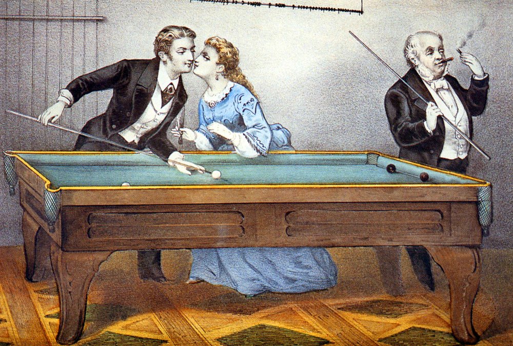 Kiss during billiards game by N. and Ives J.M. (1824-95) Currier