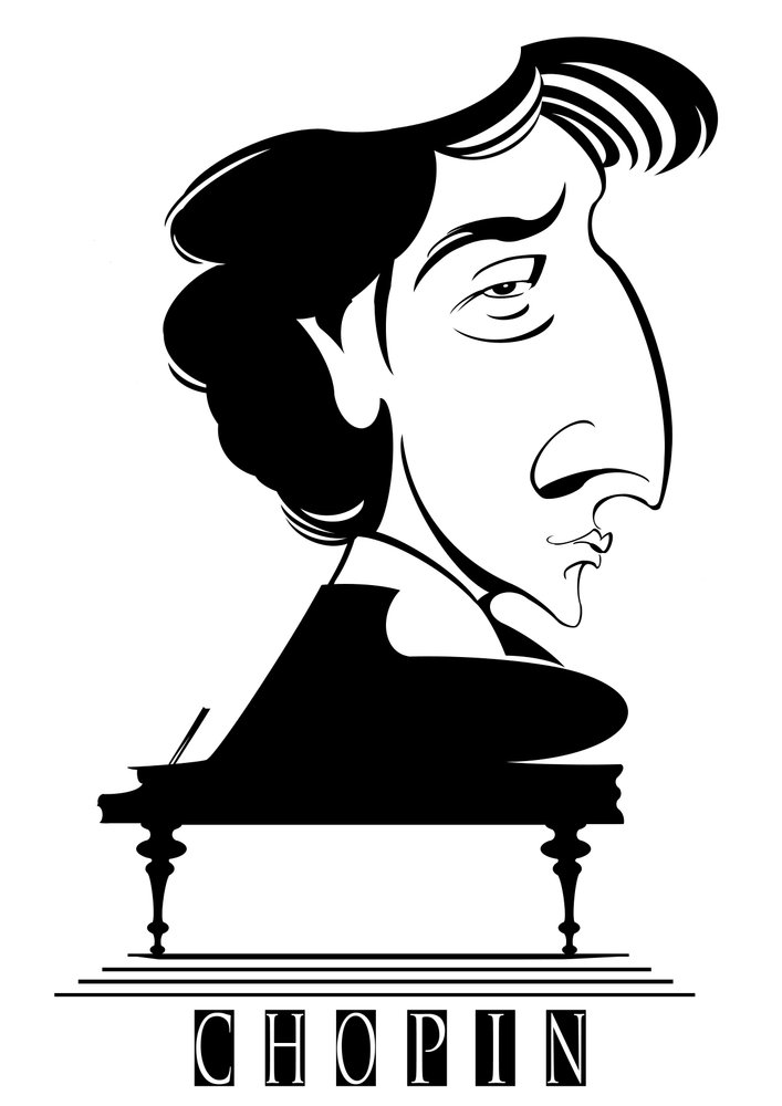 Frédéric Chopin, French-Polish-born composer and pianist (1810-49), black-and-white graphic caricature with piano by Neale Osborne