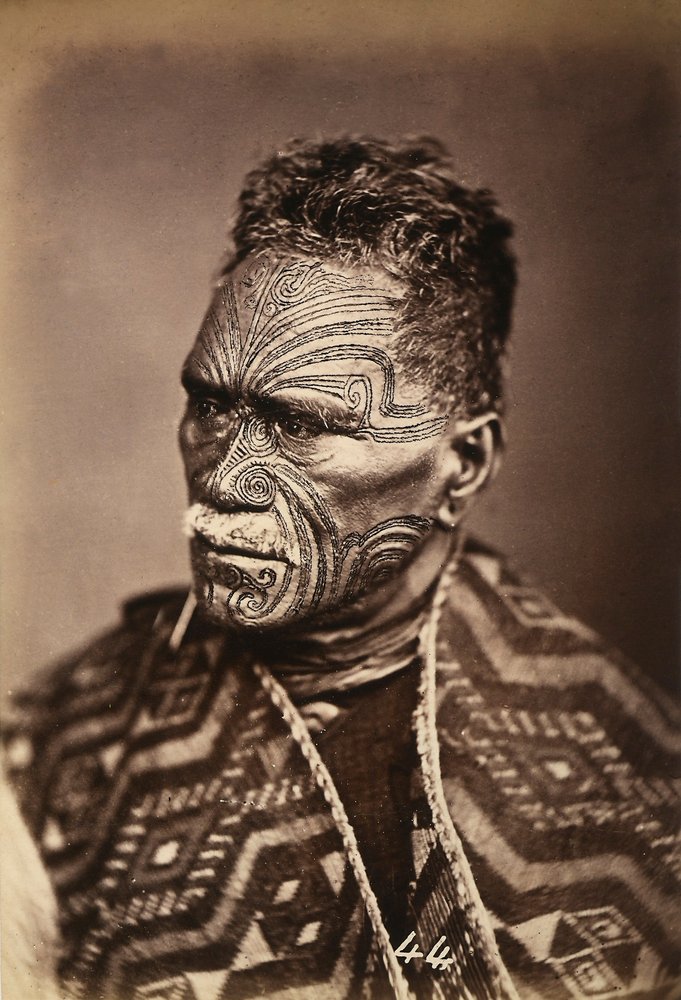 Portrait of a Maori with a tattooed face, c. 1886-88 by New Zealand Photographer