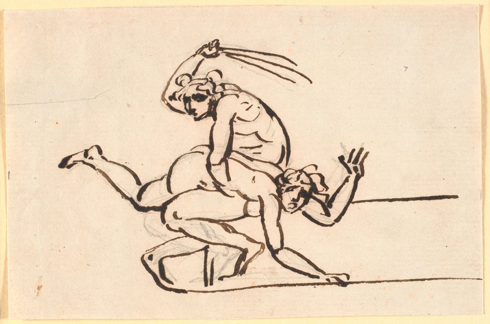 A seated nude figure swinging the rod at a naked woman