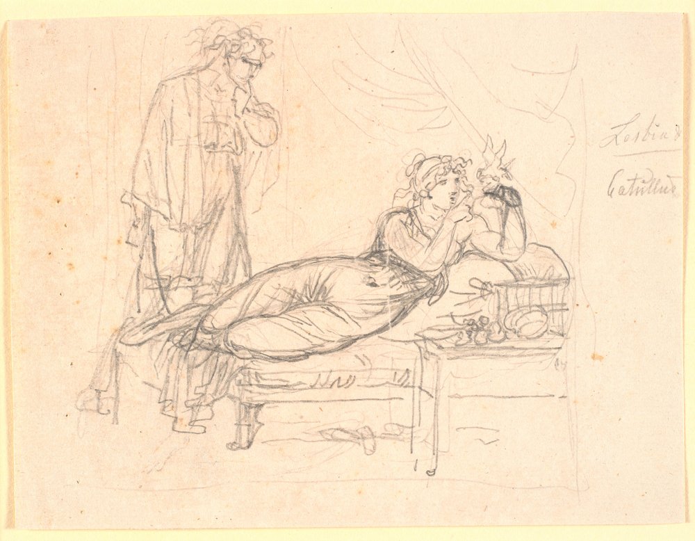 Lesbia and Catullus. Lesbia Lying, Holding a Bird in Her Left Hand. Catullus Standing Behind by Nicolai Abildgaard
