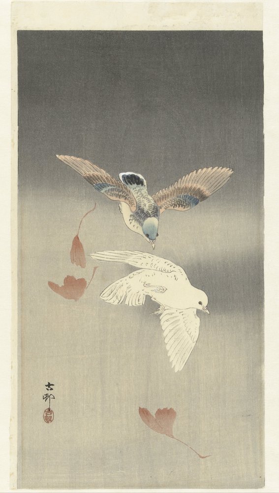 Two Doves with Falling Ginkgo Leaves by Ohara Koson