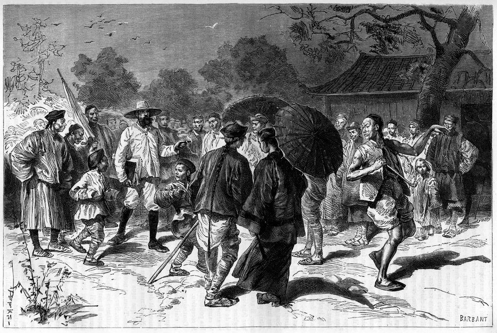 Dr. Piassetzky Travels to China, Always Accompanied by Chinese. Engraving after a Drawing by Tofani, in Le Tour du Monde, Nouveau journal des Voyages, Edited by Edouard Charton, Paris by Oswaldo Tofani