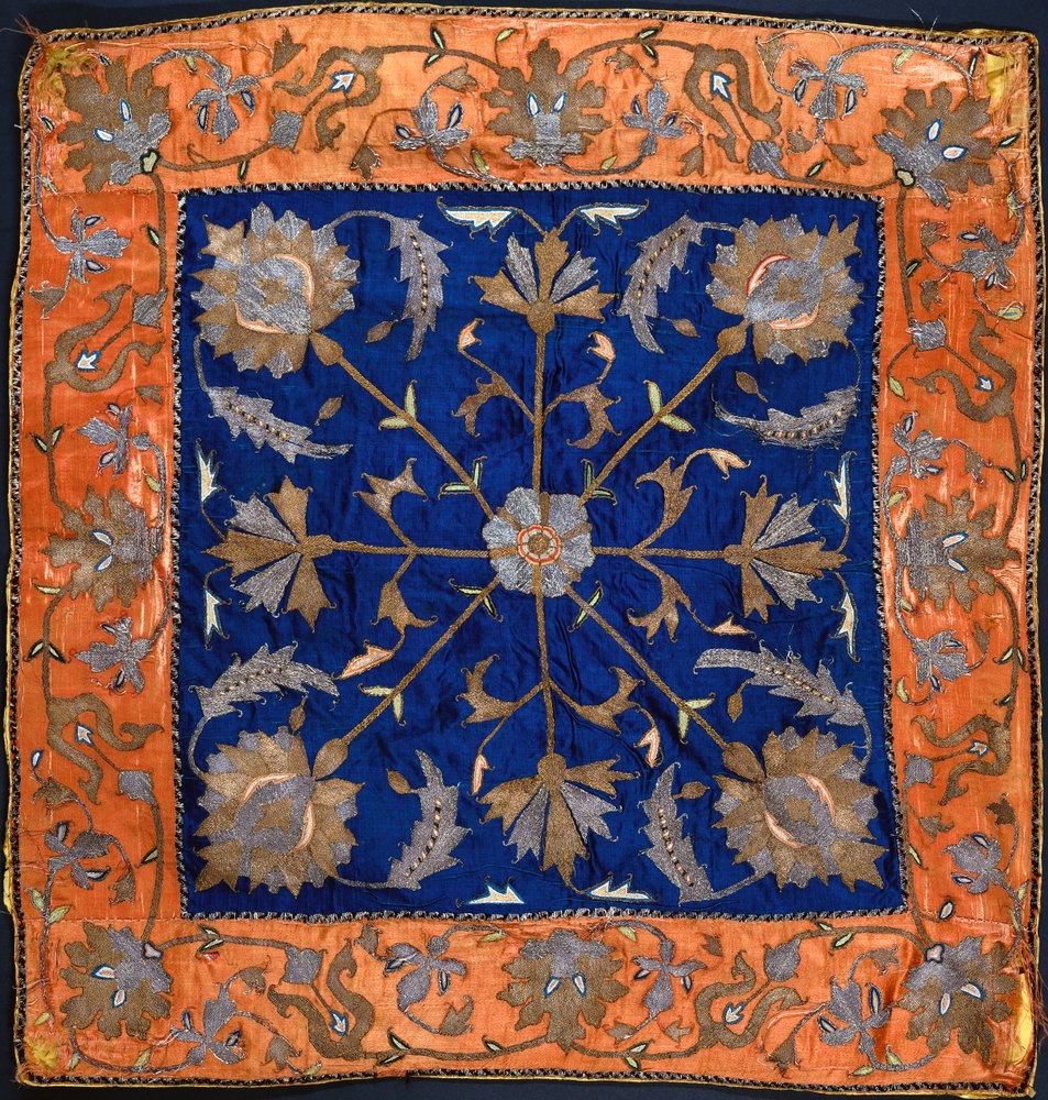 A Bocha Composed of Blue Satin Field Embroidered in Silver and Gilt Thread by Persian School
