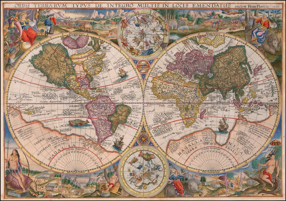 1594 Double Hemisphere World Map by Petrus Plancius