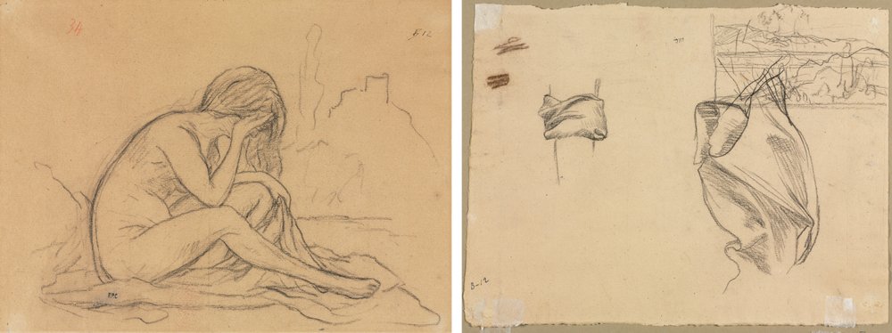 Study of a Female Nude (possibly for an unrealized allegorical painting) (recto); Studies of Drapery and Study of a Landscape (verso) by Pierre Puvis de Chavannes