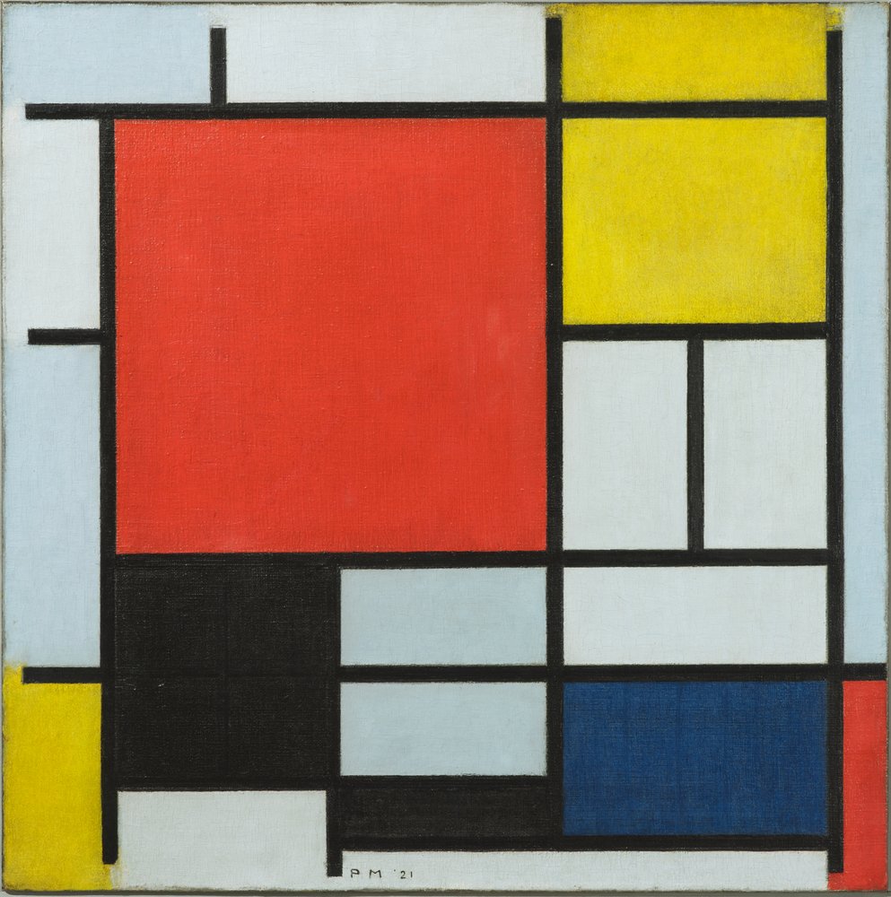 Composition with large red plane, yellow, black, gray and blue, 1921 by Piet Mondrian