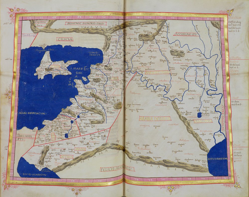 Ms Lat 463 f.111v-112r Map of Phoenicia, Mesopotamia and Babylon by Ptolemy