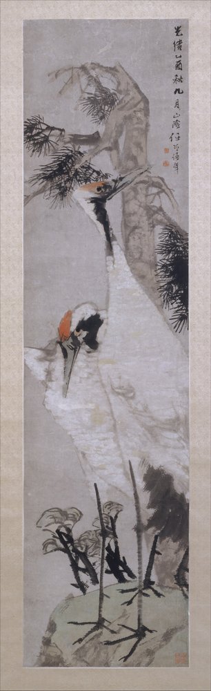 Cranes, Pine Tree, and Lichen, dated 1885 by Ren Yi