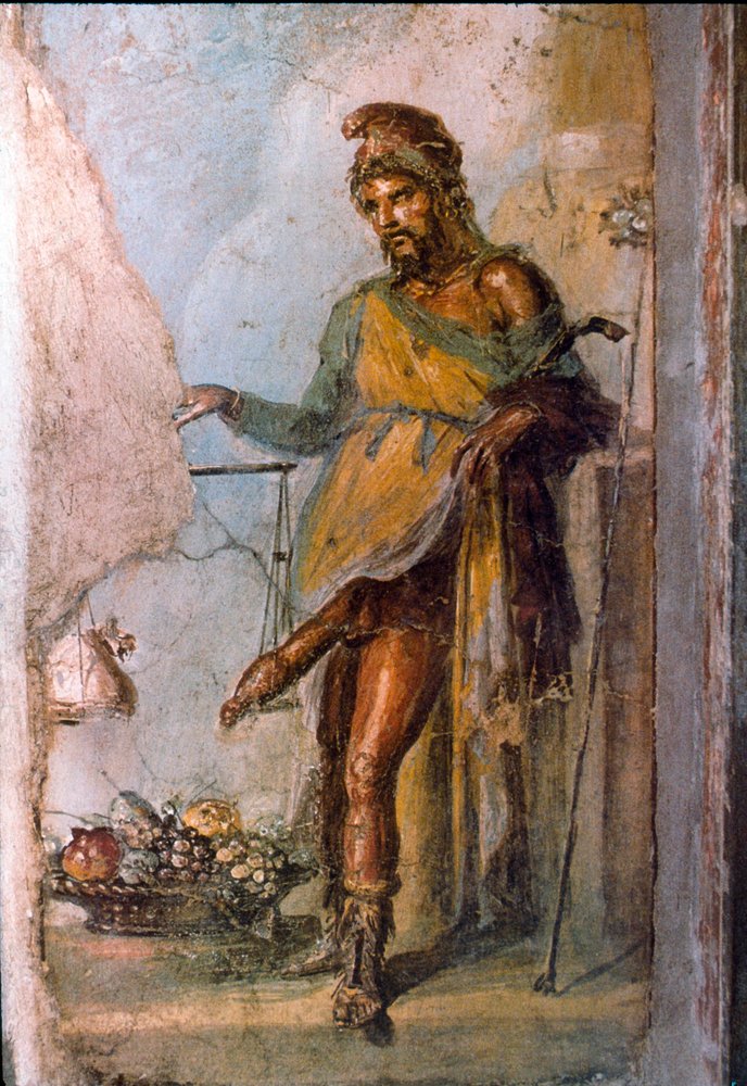 Representation of the Greek deity Priapus, god of fertility, with a huge constantly erect penis. Detail of a Pompeii fresco. Casa dei Vettii. 1st century AD. by Roman