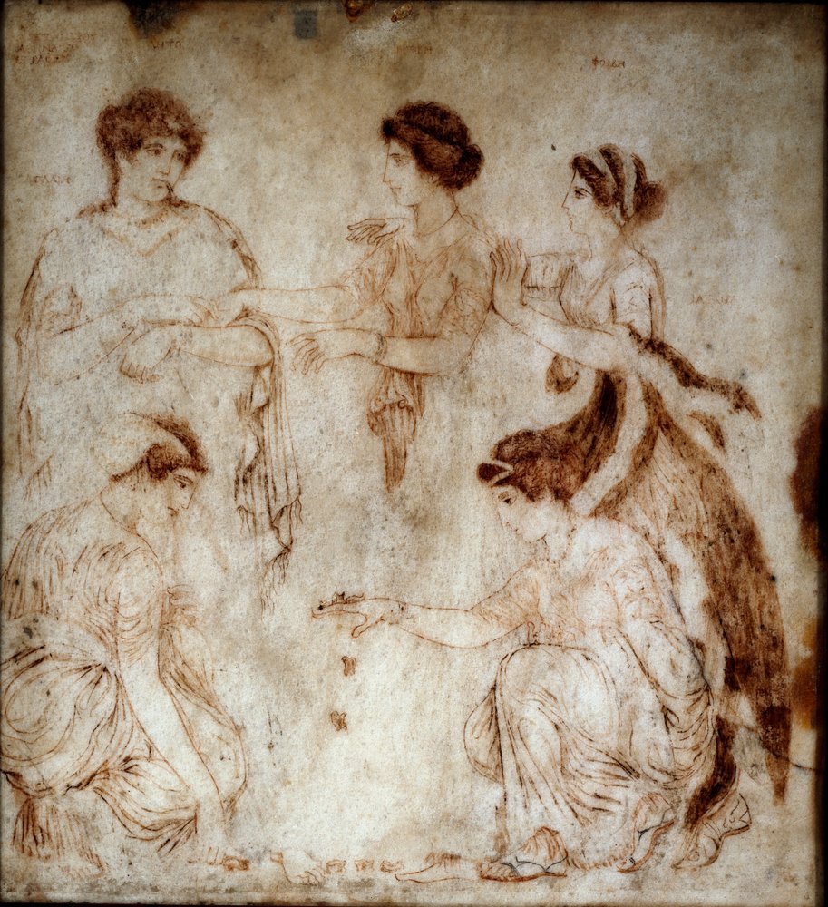 Roman art: "The Knucklebone Players". Niobe and four of her daughters are playing knucklebones. Monochrome on marble from Herculaneum (Ercolano), 1st century AD. Dimensions: 42 x 49 cm. Museo Archeologico Nazionale, Naples by Roman