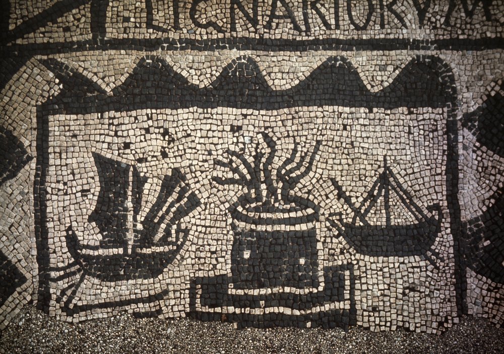 Roman merchant marine and lighthouse, ancient Ostia (Ostia), Piazza delle Corporazioni. by Roman Roman