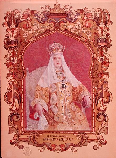 Portrait of Tsarina Alexandra Feodorovna (1872-1918) in traditional coronation dress, c.1894 by Russian School