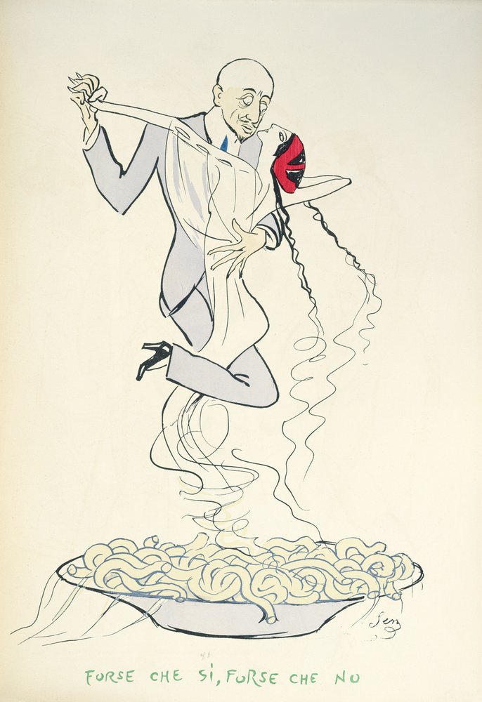 Gabriele d’Annunzio (1863-1938) dancing with a woman above a plate of maccheroni by Sem