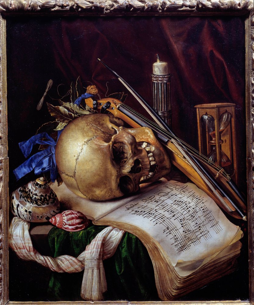 Vanitas. Still life of skull, sheet music, musical instruments