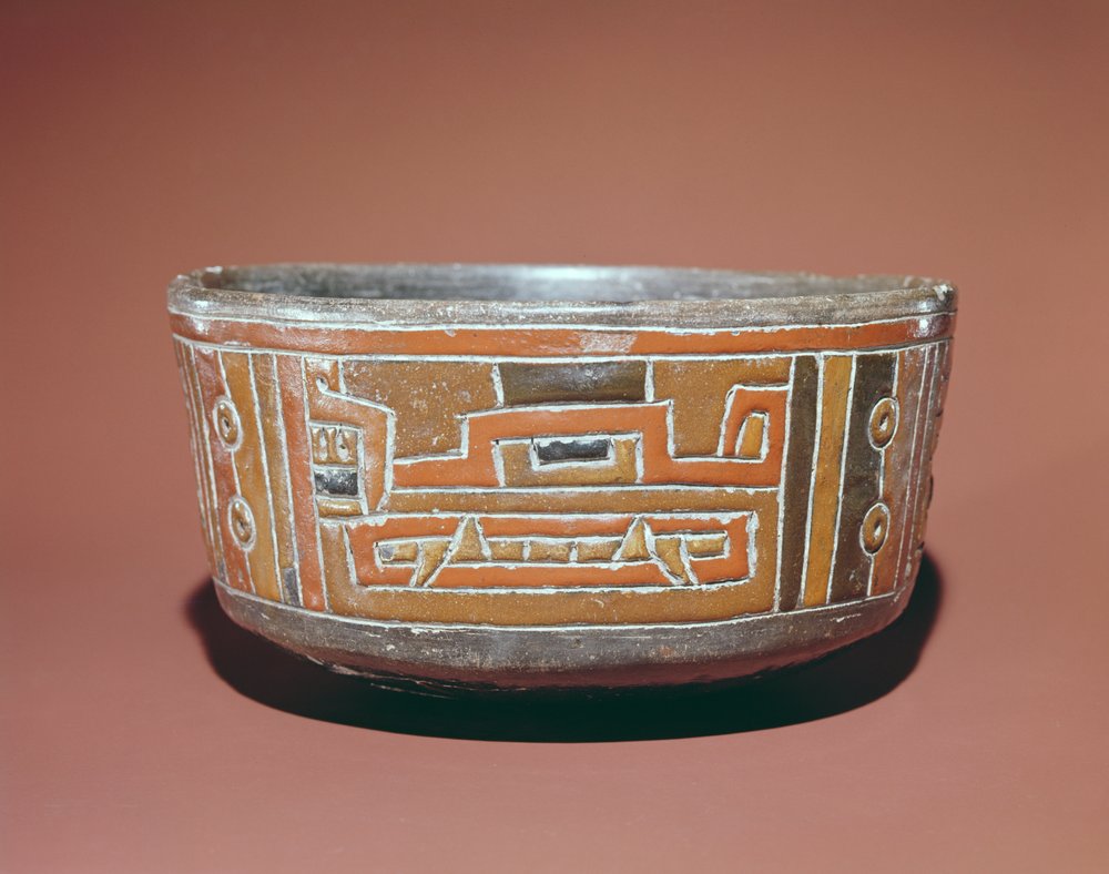 Bowl decorated with the head of a jaguar, pre-columbian by South American School