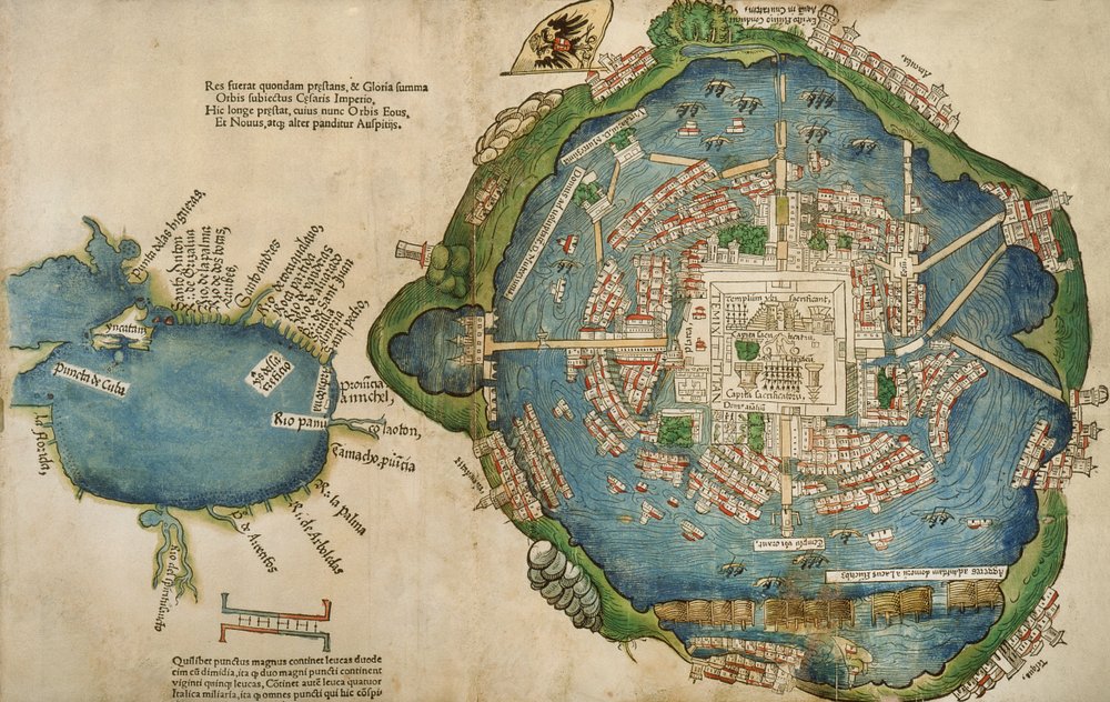 Map of Tenochtitlan and the Gulf of Mexico, from Praeclara Ferdinadi Cortesii de Nova maris Oceani Hyspania Narratio by Hernando Cortés (1485-1547), 1524 by Spanish School