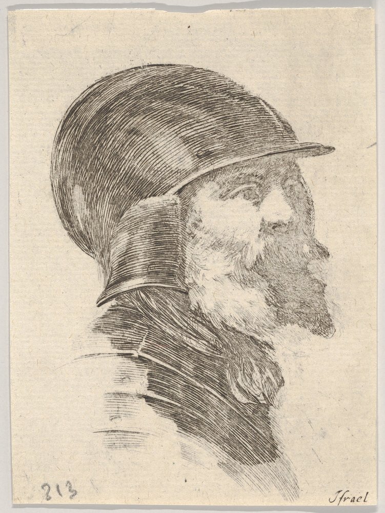 Head of an old bearded soldier wearing a helmet facing right, from ...