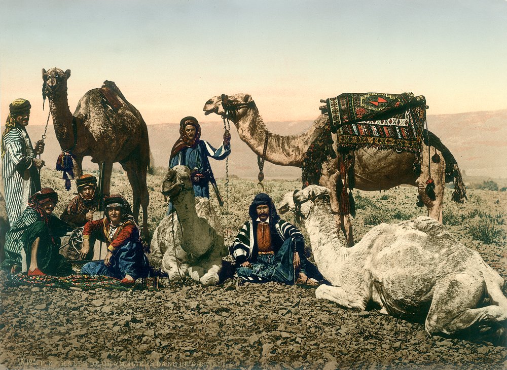 Western travellers dressed as Bedouins and their guides with their ...