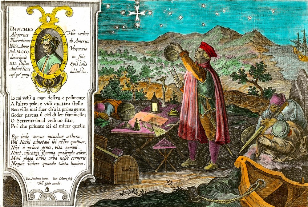 History of America: Amerigo Vespucci (Americus Vespucius) (1451/1454-1512), Italian merchant and navigator, uses his astrolabe to measure the Southern Cross. At left, a portrait of the Italian poet Dante Alighieri (1265-1321) and a passage from the first by Theodore de Bry
