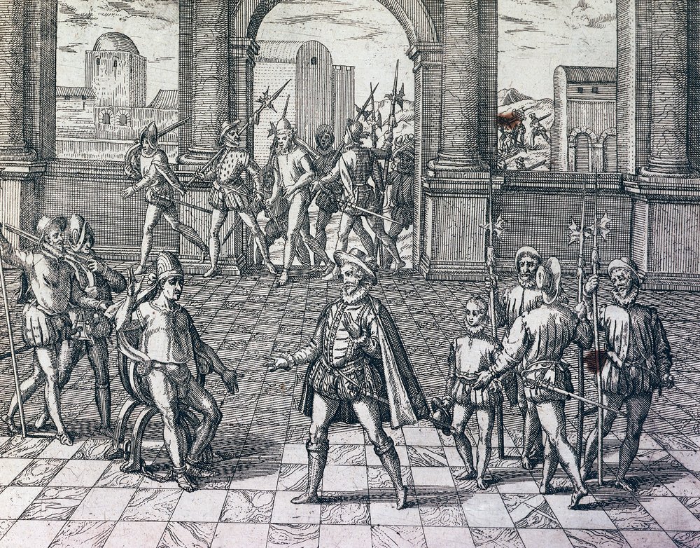 Inca Emperor Atahualpa Being Taken Prisoner by Spaniards in Cajamarca ...
