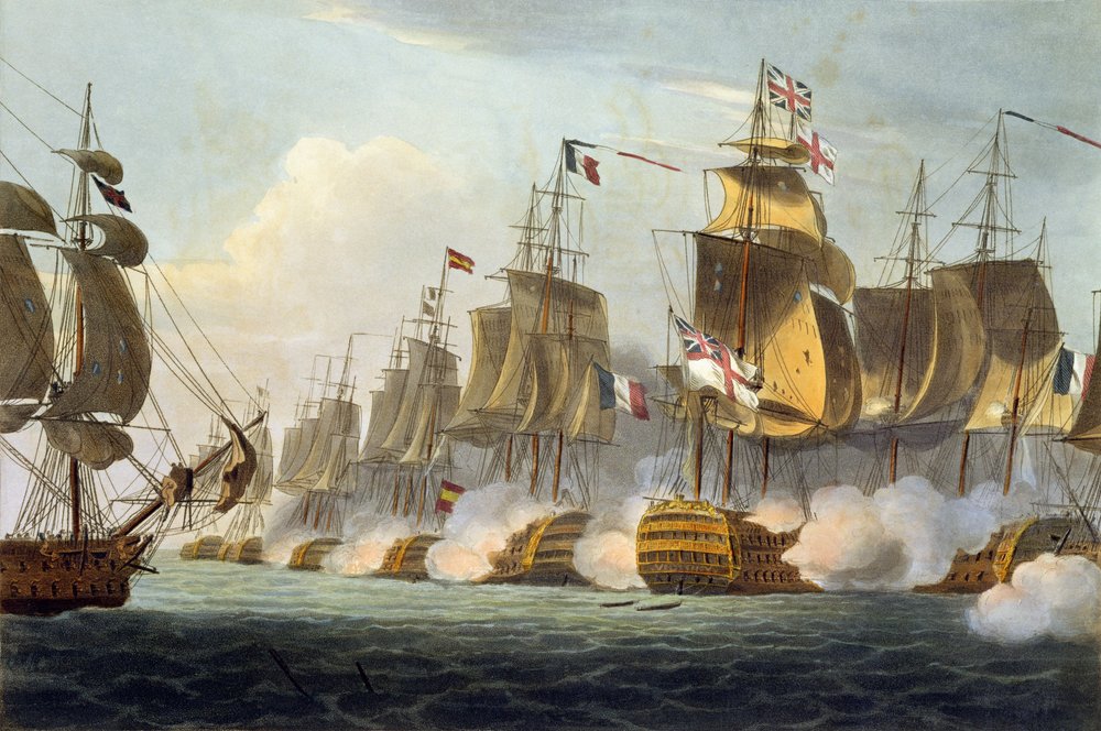 Battle of Trafalgar, October 21st 1805, from “The Naval Achievements of Great Britain” by James Jenkins, engraved by Thomas Sutherland (b. c. 1785), published 1816 by Thomas Whitcombe