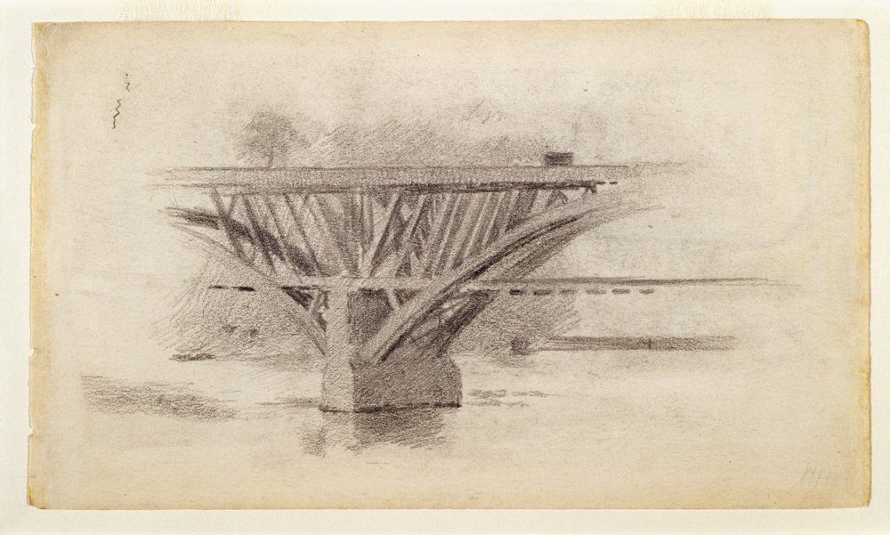 Drawing of Girard Avenue Bridge, verso sketch of an oar by Thomas Eakins