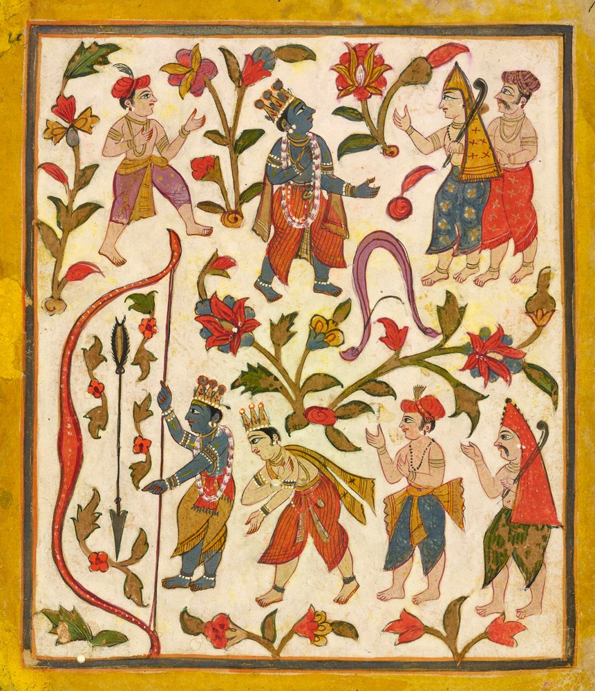 Krishna and the Bow, folio 24 from the Tula Ram Bhagavata Purana by Unbekannt
