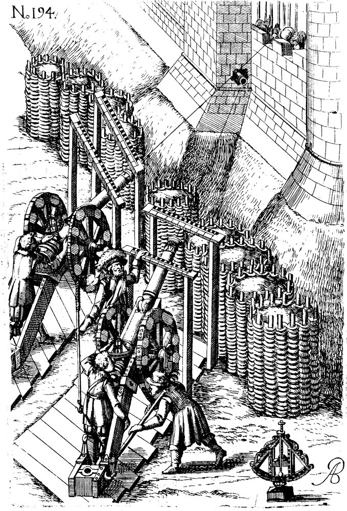Laying siege canon on target, from Le diverse et artificiose machine