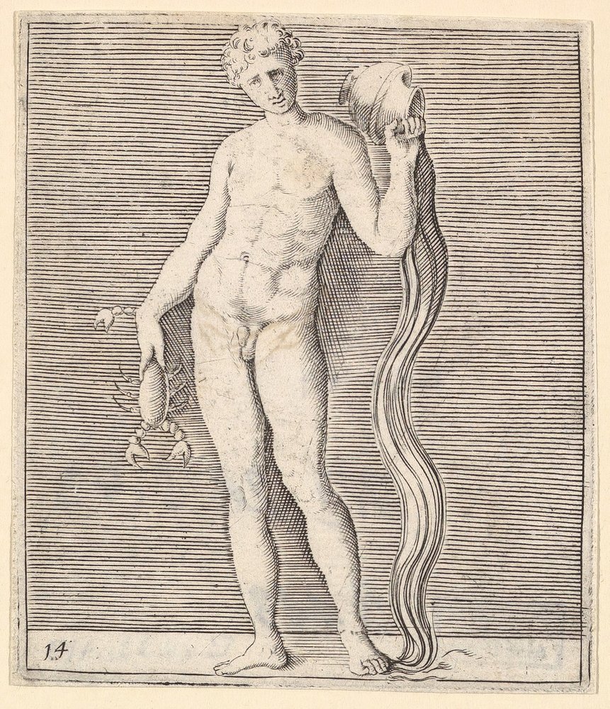 Man with Crayfish and Urn of Water, published ca. 1599-1622 by Unbekannt