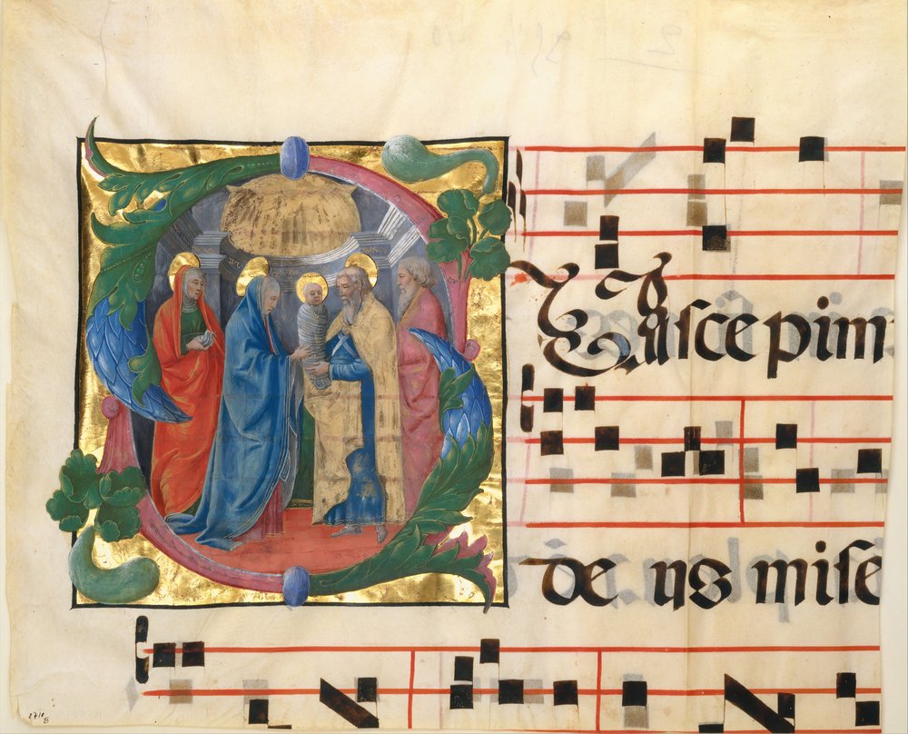 Manuscript Illumination with the Presentation in the Temple in an Initial S, from a Gradual, 1450-60. by Unbekannt