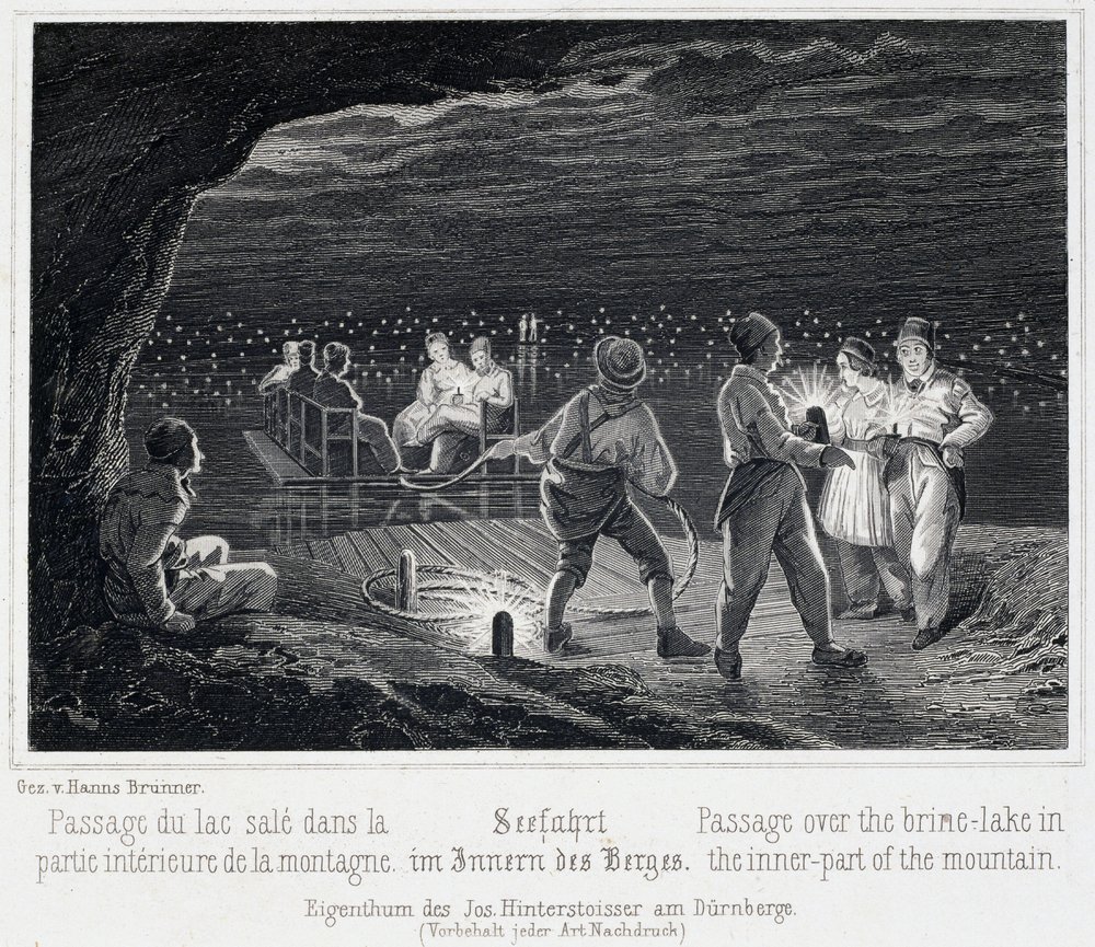Salt mine: crossing the salt lake inside the mountain, around 1850, in ...
