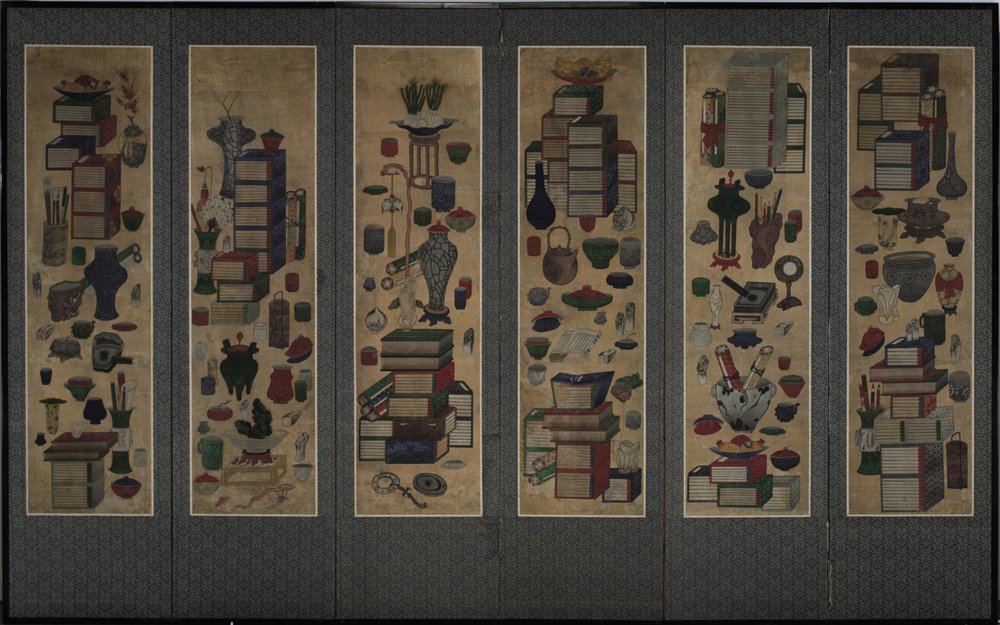 Scholars books and utensils Chaekkori. Six-section folding screen, Mid 19th century by Unbekannt