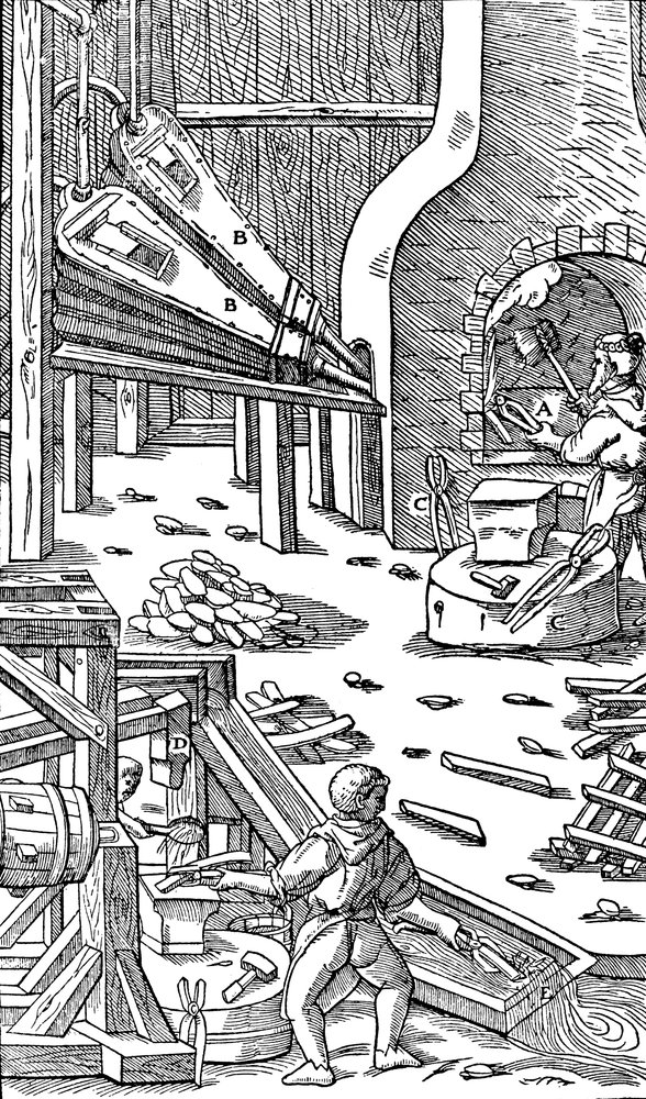 Steel production: a forge with bellows to produce draught by Unbekannt