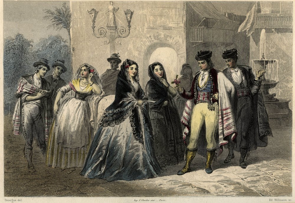 A gallant scene in Mallorca, a young man offers a flower to a girl. in the book on the Mediterranean by Louis Enault (1824-1900), a French journalist and traveler. by Unbekannter Künstler