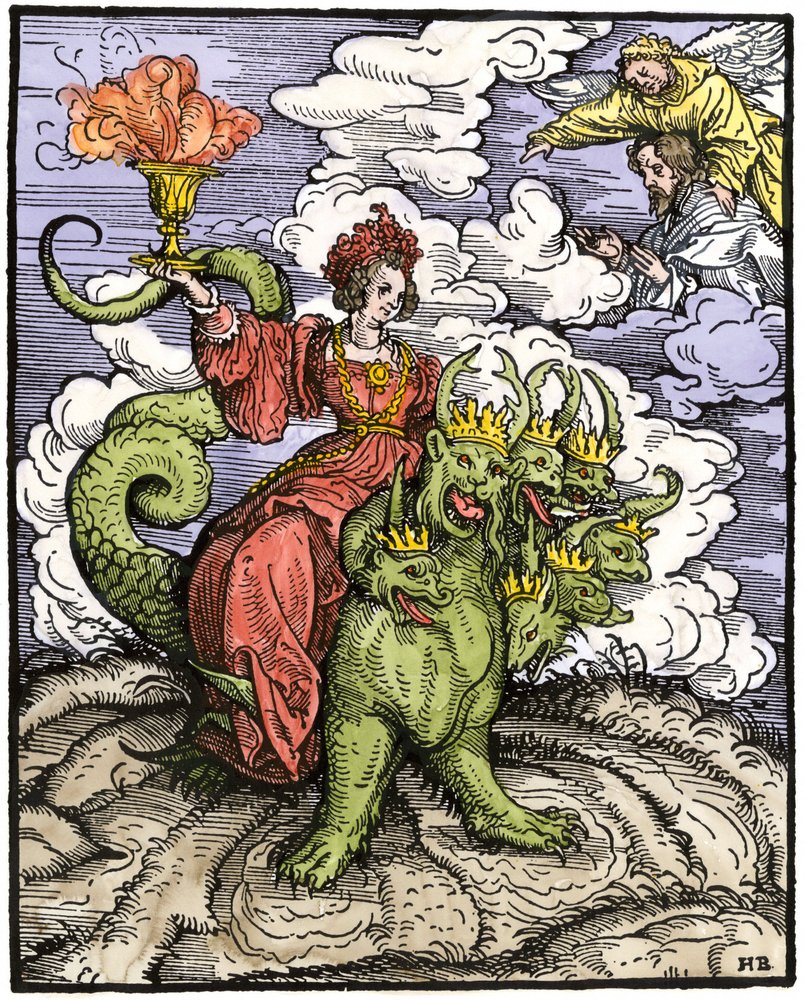 The Great Prostitute of Babylon riding the dragon with 7
