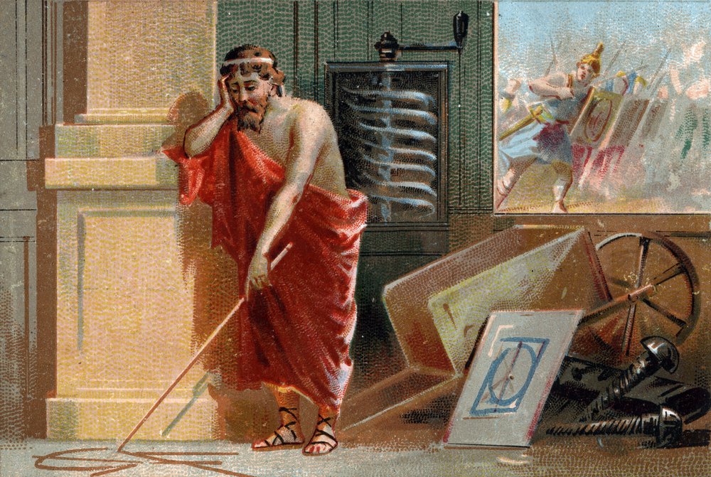 Archimedes of Syracuse (287- 212 BC) plotting geometric shapes on the ...