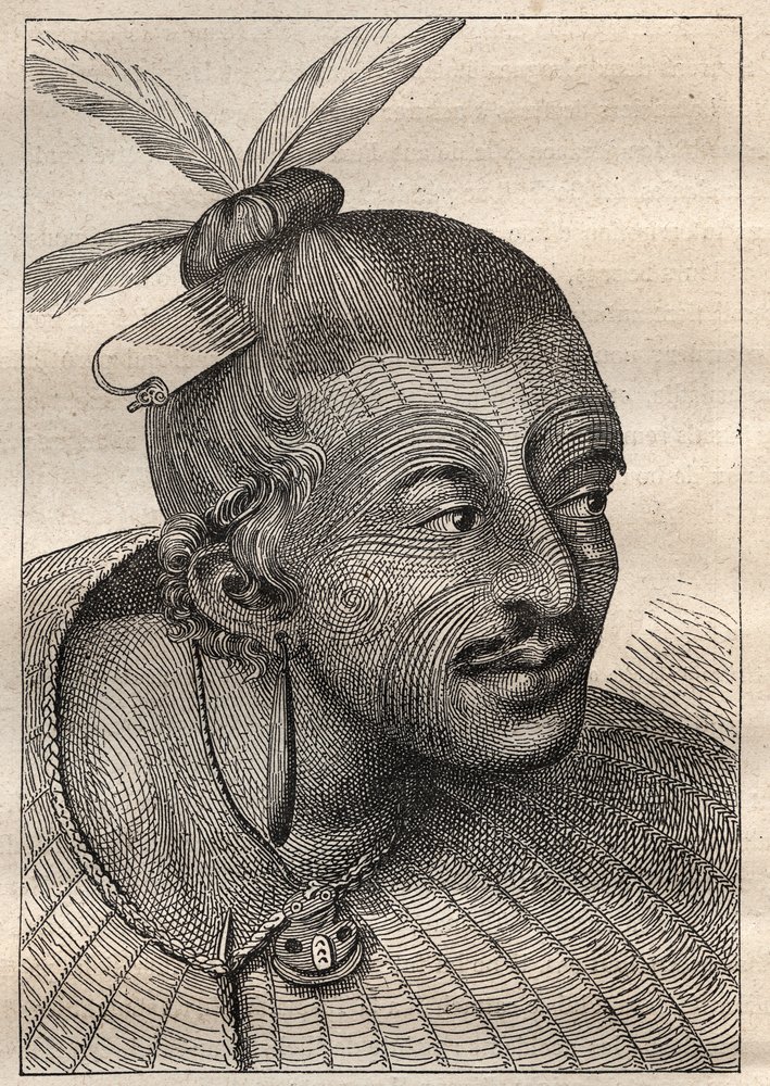 First voyage of Captain James Cook: tattooed head of a New Zealander - illustration taken from “The Great Mariners of the 18th century” by Unknown artist