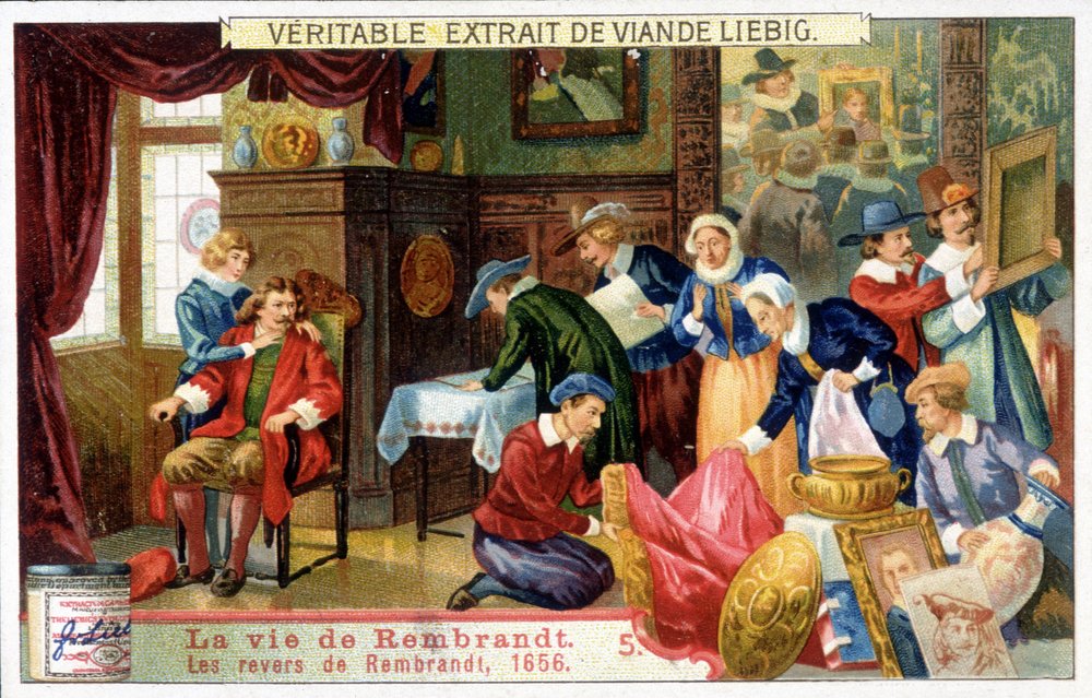 Liebig chromolithography on the life of Rembrandt (1606 - 1669), Dutch painter. This is Rembrandt