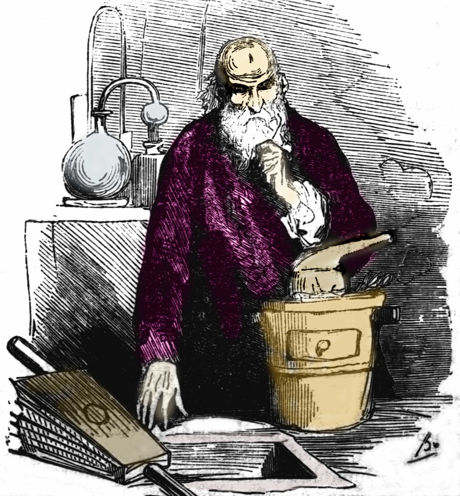 Nicolas Flamel in his laboratory. by Unknown artist