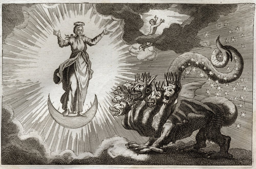 Royaumont Bible, New Testament: Beast of Revelation. Saint John Sees a  Monstrous Beast and a Pregnant Woman Surrounded by Light. Illustration from  1811