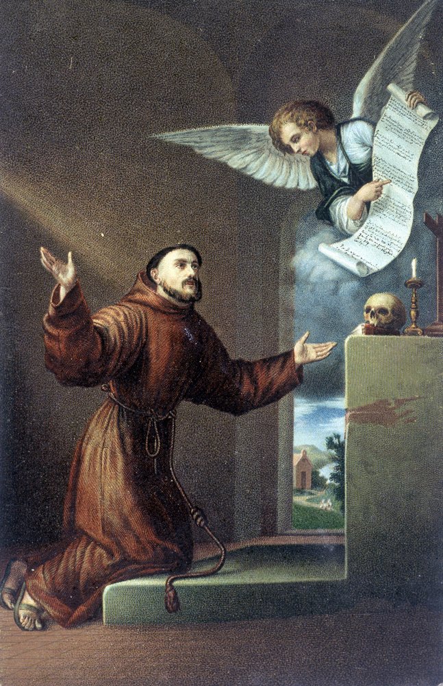 Saint Francis of Assisi (1181 or 1182 - 1226) before an Angel, 19th century chromolithography by Unknown artist