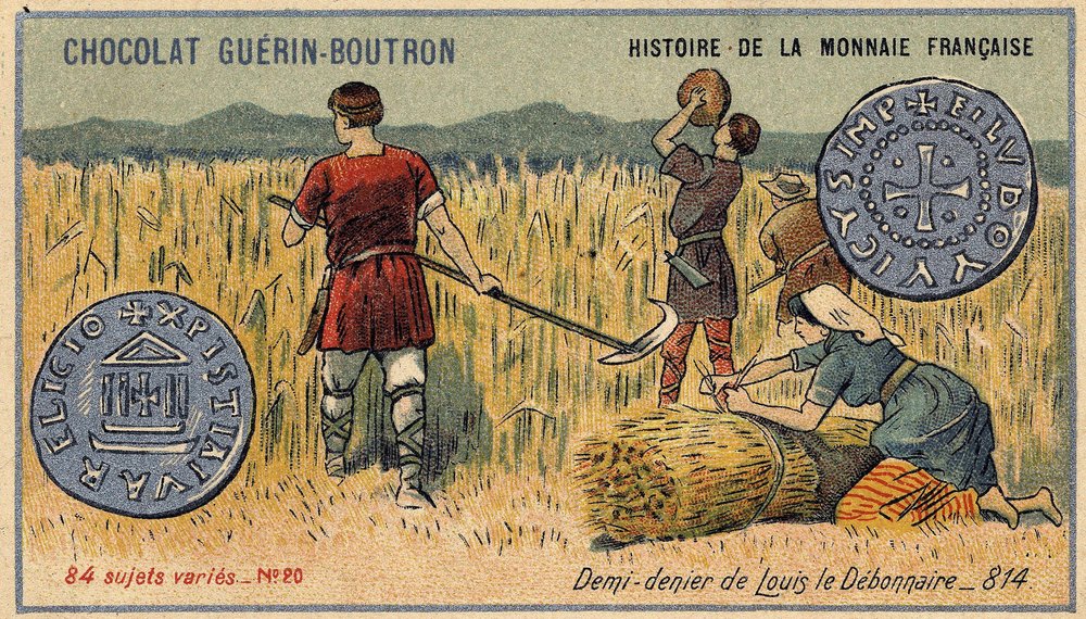 Series Histoire de la Monnaie Française published by Chocolat Guérin Boutron. Chromolithography 19th century. Half denier of Louis the Debonnaire in 814 by Unknown artist