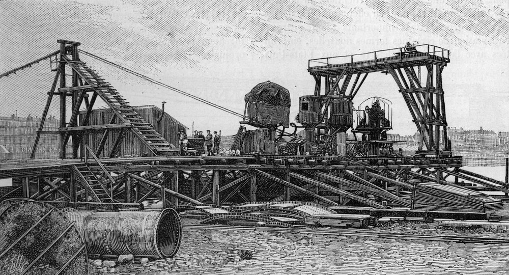 The construction of the Mirabeau bridge in Paris (1893): the service bridge (from a photograph). Engraving in 