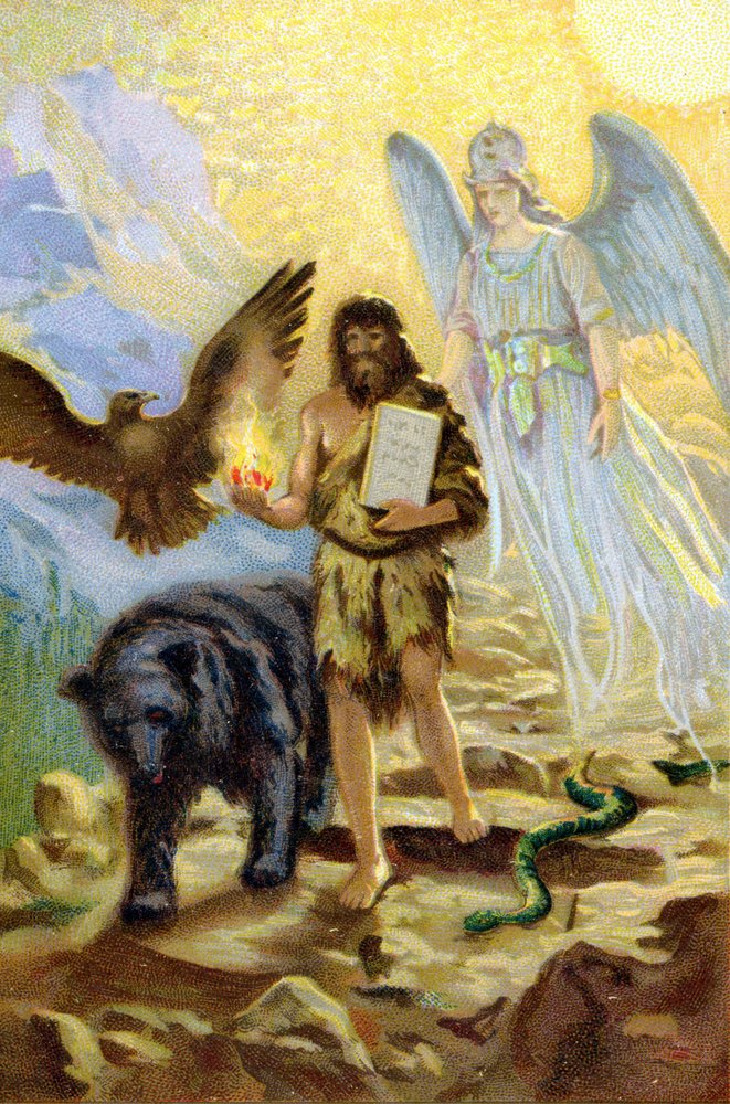 Zarathustra (Zarathustra, Zarathushtra, Zarathustra or Zoroastra), guided by the Archangel and accompanied by animals that would keep him company during his retreat on the mountain, descends among men to carry the tables of law received from Ahura Mazda by Unknown artist