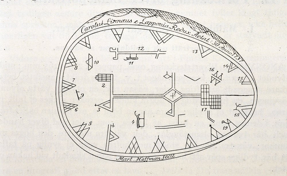 Magic drum of shamans in Lapland, illustration of a book on Linne